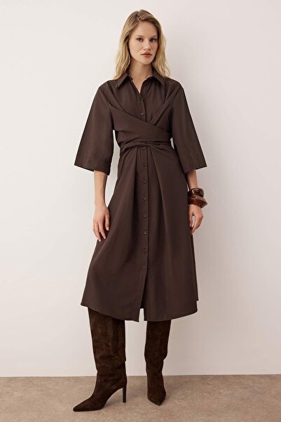 Trendyol Collection Body Unselective Dark Brown Waist Belt Detailed Woven Dress Twoaw26El00243