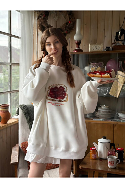 The Champ Clothing Kadın Oversize Sweatshirt Elbise Bakery Reçelli Tost Baskılı Beyaz – Bisiklet Yaka, 3 İplik Polar