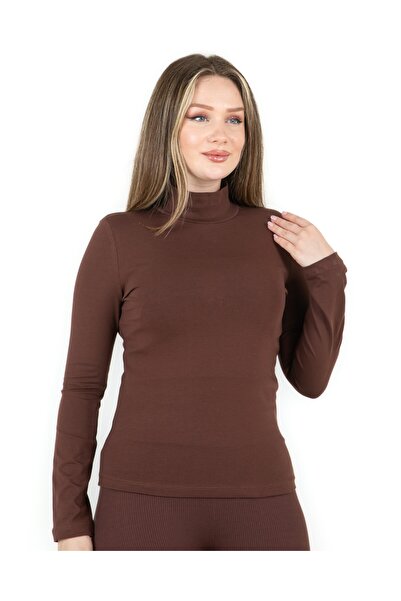 Sortie Women's Half Turtleneck Regular Fit Midi Length Long Sleeve Basic Lycra Brown Bodysuit