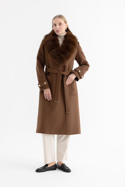 Mia Kara Long Women's Coat with Pocket and Cuff Detail, Fur Collar, 4161 - Ha...