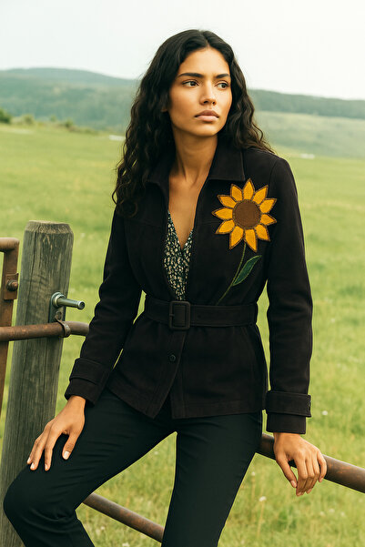 GZ Design Deri Üzeri Boncuk Işlemeli Ayçiçeği Figürlü Siyah Renk Jean Ceket