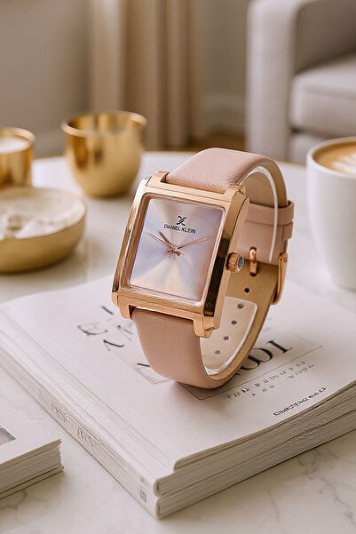 Daniel Klein Rose Gold Dikdörtgen Kasa Pudra Deri Kayışlı Kadın Kol Saati, Ta...