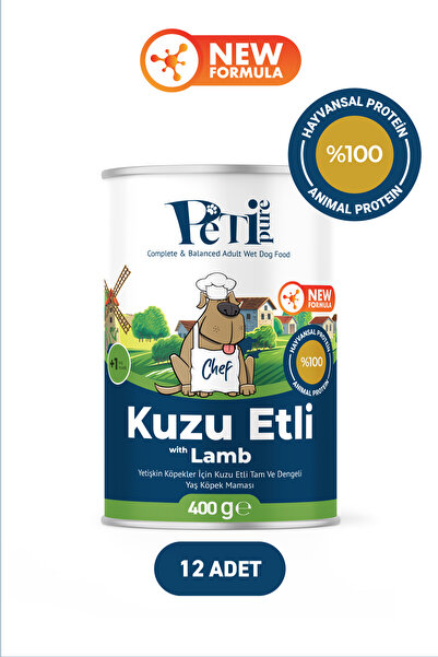Kuzu Etli Yaş Konserve Yetişkin Köpek Maması, Jöle İçinde Parça Etli, 400 gr x 12 Adet