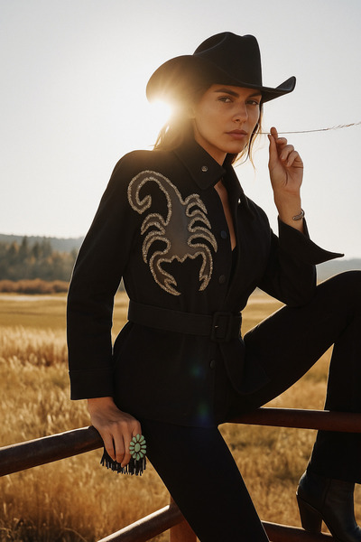 GZ Design Deri Üzeri Boncuk Işlemeli Akrep Figürlü Siyah Renk Jean Ceket