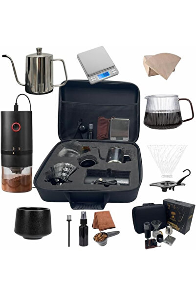 DOPPİO DOPPIO 12 Pcs V60 Pour Over Electric Coffee Maker with Electric Grinder Dripper Set