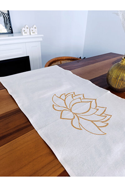 Menar Tasarım مفرش طاولة من الكتان مقاس 40*110 سم بتصميم مطرز على شكل زهرة اللوتس
