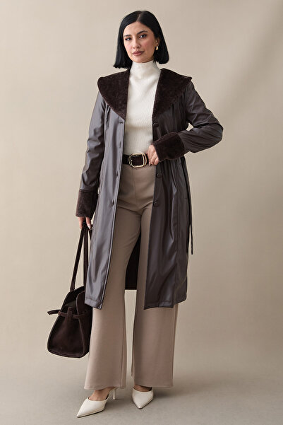 InStyle Kürk Detaylı Acı Kahve Deri Trençkot
