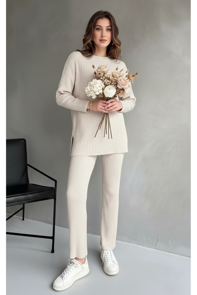 eyyebelle Cotton Ribbed Women's Blouse Trousers Double Set