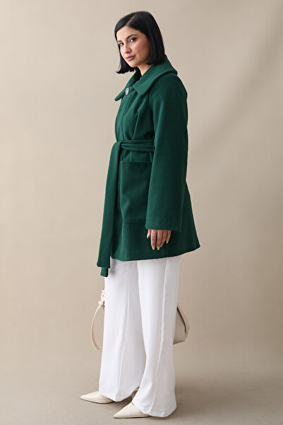 InStyle Button Detailed Lined Emerald Green Short Coat