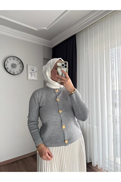 RFK Butik Women's Skirt Top Gold Heart Button Detailed Knitwear Hijab Cardigan - Gray
