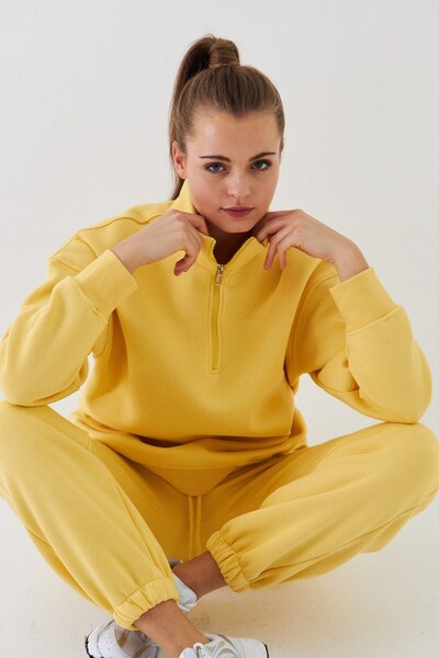 The Champ Clothing Унисекс суитшърт с голям размер Basic Yellow – поло с половин цип и яка, 3-нишка четкана флийс