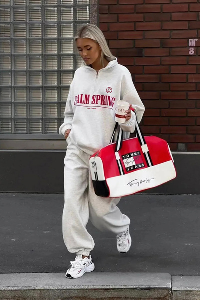 The Champ Clothing Women's Gray Half-Zip Sweatshirt – Palm Spring Printed Oversize Sporty City Style Alternative