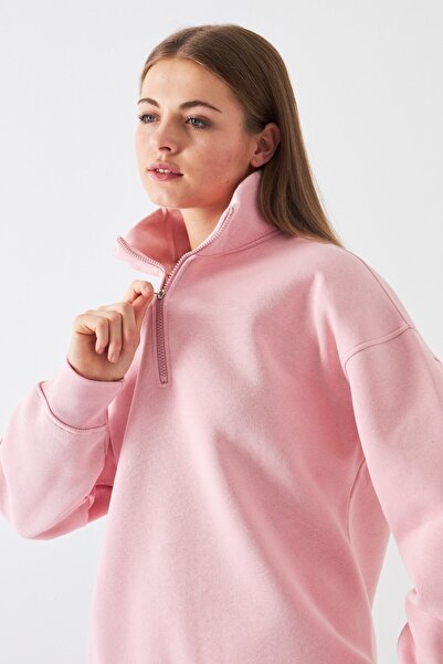 The Champ Clothing Unisex Oversize Φούτερ Βασικό Ροζ – Μισό φερμουάρ με ψηλό γιακά, 3 κλωστές από φλις με ανάλαφρο χρώμα