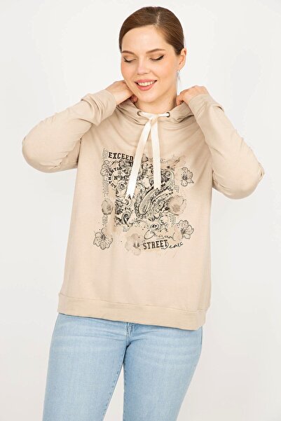 Şans Women's Mink Large Size Hooded Print and Stone Detailed Sweatshirt 65n35944