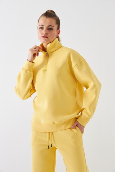 The Champ Clothing Унисекс суитшърт с голям размер Basic Yellow – поло с половин цип и яка, 3-нишка четкана флийс