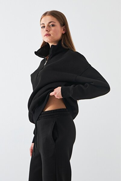 The Champ Clothing Unisex Oversize Sweatshirt Basic Black – Half Zipper Stand Collar, 3 Thread Fleece