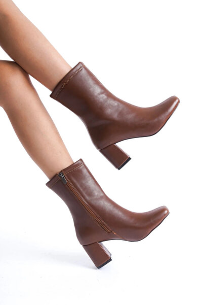 bakacstore Kadın Taba Cilt Orta Boy Önü Kare Topuklu Bot