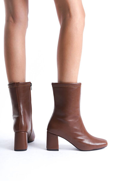 bakacstore Kadın Taba Cilt Orta Boy Önü Kare Topuklu Bot