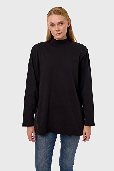 qanpaq Rey - Black Women's Snap Fastener Padded Stand Collar Oversized Long Sleeve Basic