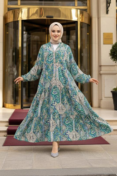 Neva Style Çiçek Desenli Yeşil Tesettür Elbise 23454Y