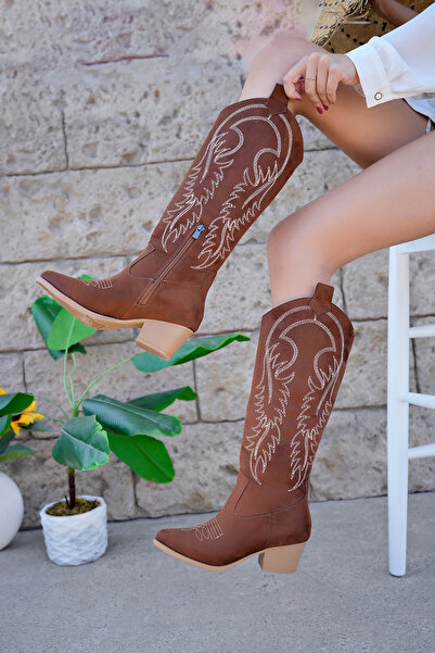 bakacstore Cizme de cowboy lungi pentru femei occidentale, din piele intoarsa, brodate, cu fermoar