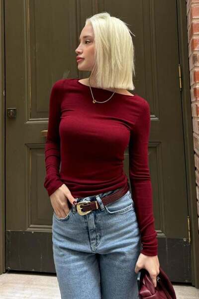 Seeh Burgundy Boat Neck Long Sleeve Bodysuit Sh322