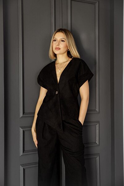 EsSo butik Women's Corduroy V-Neck Short-Sleeved Asymmetrical Blouse Vest