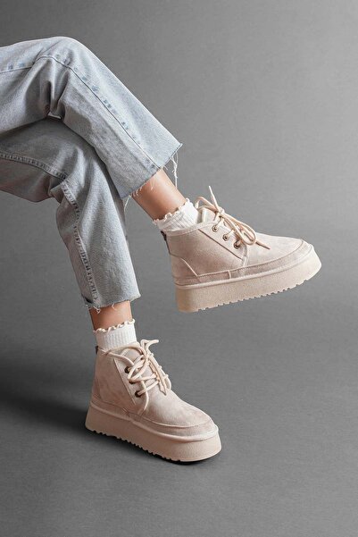 Esilapark γυναικείες μπότες με κορδόνια με χοντρή σόλα από μάλλινο σουέτ