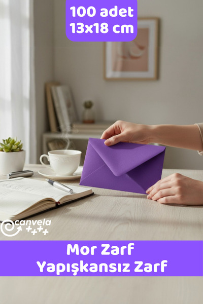 İstisna 100 Adet 13*18 Mor Renkli Zarf Davetiye Lüks Tebrik Kartı Mektup Mühü...