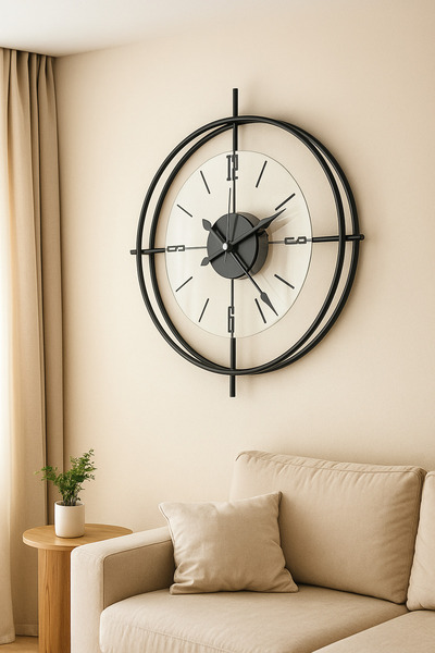 MetaQuartz Aksesuar Xxl(65*65 CM)-siyah Çiftçember-şeffaf Tamper Camlı Kırılmaz (QUARTZ MEKANİZMALI) Duvar Saati