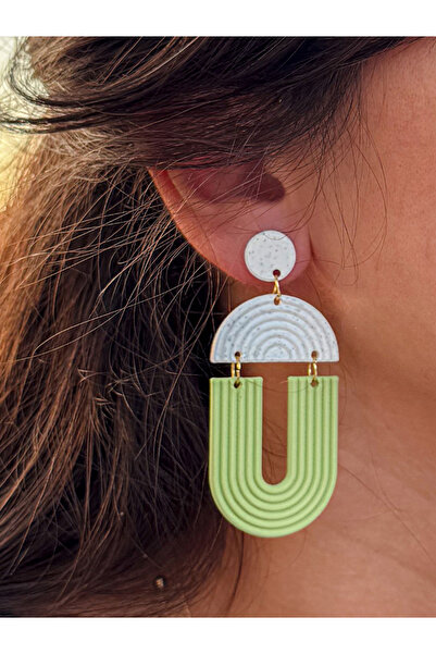 Happiears Yeşil ve Beyaz Yarım Daire Desenli Modern Tasarım Küpe