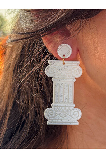 Happiears Antik Sütun Desenli Beyaz Özel Tasarım Küpe