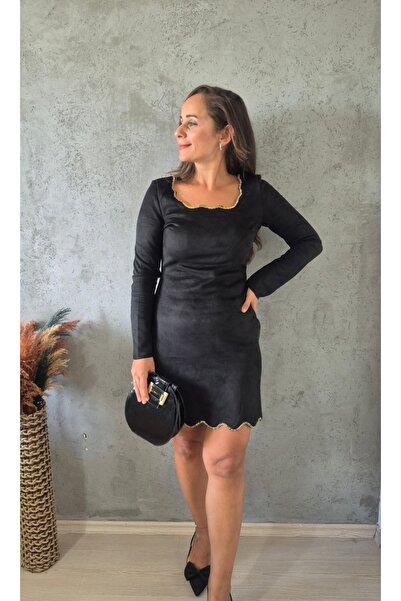 Butik Kare Yaka Işıltılı Süet Elbise