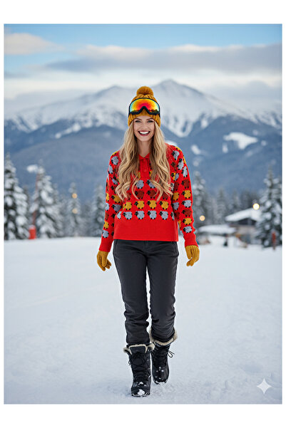 Namaste Vintage Red Color Sheep Pattern Polo Neck Knitwear Sweater