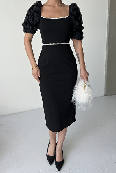 ALFUDO Moda Collection Özel Tasarım İnci Detaylı Balon Kol Abiye Siyah Elbise