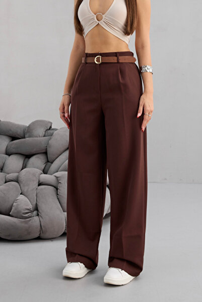 BİKELİFE Women's High Waist Belt Detailed Elastic Waist Loose Palazzo Fabric Trousers