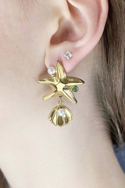 Neon Takı by Atalay Stainless steel earrings with pearl, starfish, 638, gold color