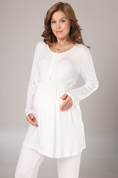 Lohussa Kadın Bej Jakarlı Şal Yaka Dantelli Kışlık Özel Tasarım Lohusa Hamile Sabahlık Pijama Takımı Seti