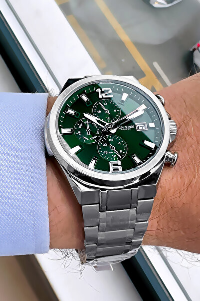 Tom Jones ساعة يد رجالية 3 أتم مقاومة للماء لون فضي - أخضر سوار فولاذي Agr37