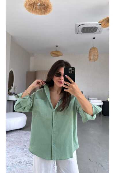 elnabutik Uzun Kollu Oversize Mint Yeşil Keten Gömlek