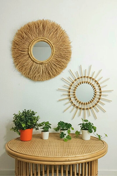 Bubihome Ahşap Boncuklu Rafya Ayna & Bambu Ayna Ikili Set