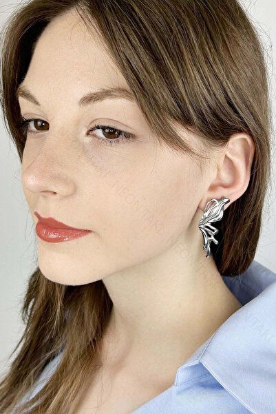 Neon Takı by Atalay Sensitivity Tag and Stainless Steel Earring in the Form of a Butterfly 646, Silver Color