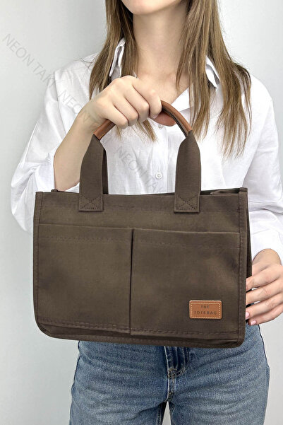 NE10 TAKI Canvas Fabric, Tote Hand and Shoulder Bag with Two Front Pockets Bitter Brown, 69