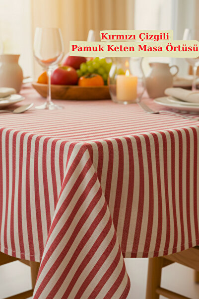 KAMİZ Red Striped Cotton Linen Tablecloth Stylish Modern Tableware Dowry