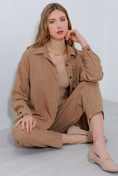 Genel Markalar Kadın Oversize Camel Keten Gömlek Pantolon Takım