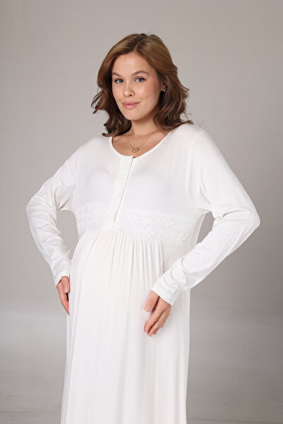 Lohussa Kadın Bej Jakarlı Şal Yaka Tam Boy Kışlık Uzun Kol Özel Tasarım Lohusa Hamile Sabahlık Gecelik Seti