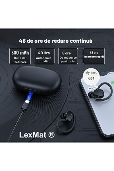 LexMat Casti Wireless, Q61 Stereo Sport Bluetooth 5.4 in-Ear cu carlige pentru urechi