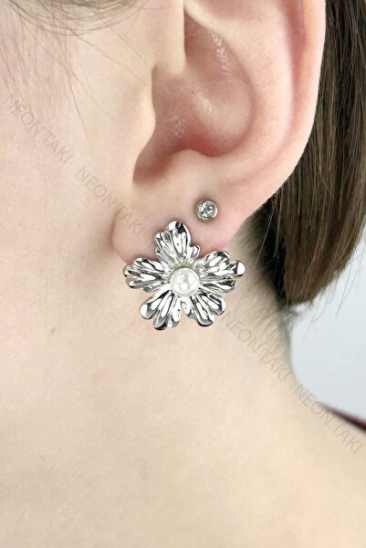 NE10 TAKI Pearl, Stainless Steel Earrings in Flower Form 654, Silver Color