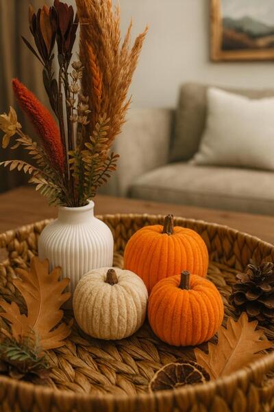 Nish Candles Dekoratif Balkabağı Seti – 3’lü El Yapımı | Turuncu & Krem Yün İ...