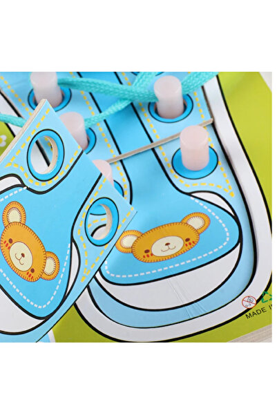 Toyska Joc Montessori din lemn si puzzle Invata sa legi sireturi, albastru